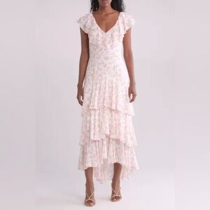 WAYF Floral Tiered Ruffle Dress in Pink Mauve Ditsy